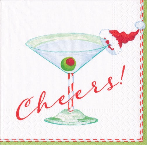 Caspari Christmas Cocktail Cheers Cocktail Napkin - WHITE