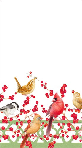 Caspari Winter Birds ad Berries Guest Towel - WHITE