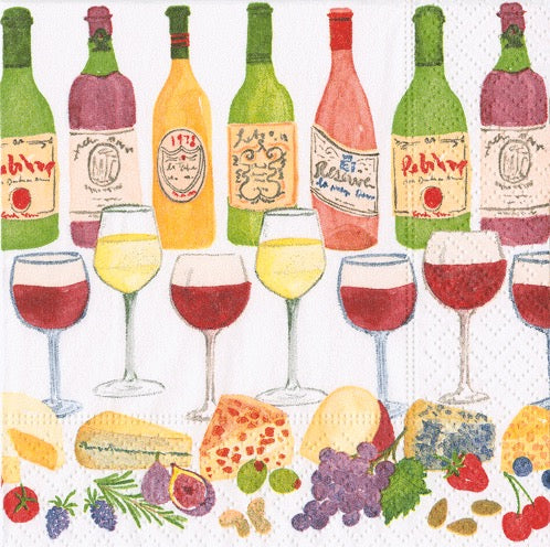 Caspari Wine Pairings Cocktail Napkin - WHITE