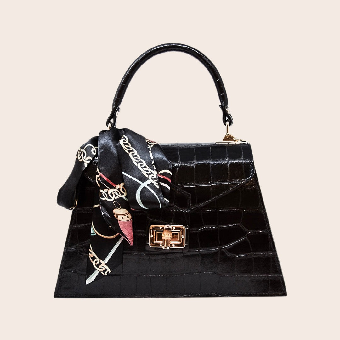 German Fuentes Croc Embossed Handbag with Silk Scarf - BLACK