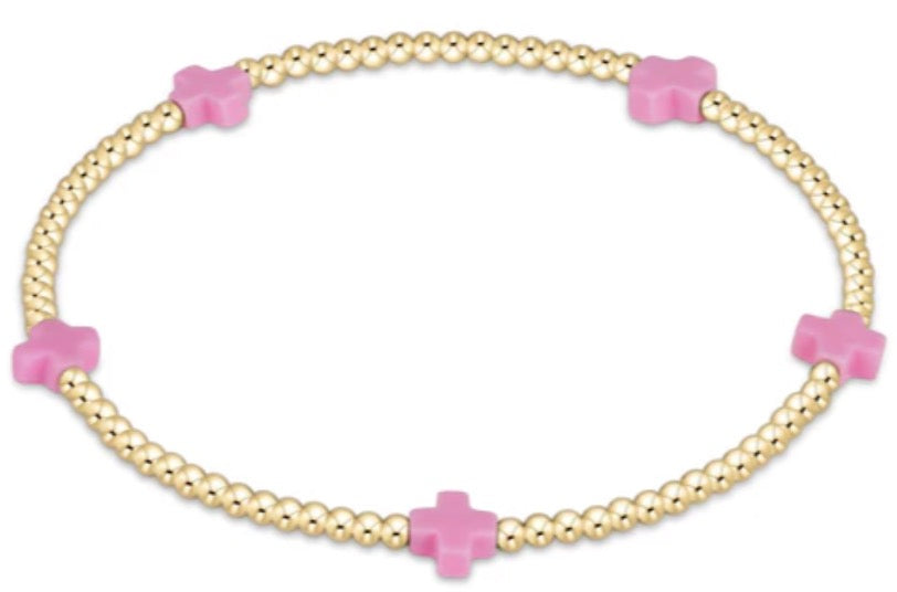 EN signature cross small gold pattern 2mm bead bracelet BRIGHT PINK