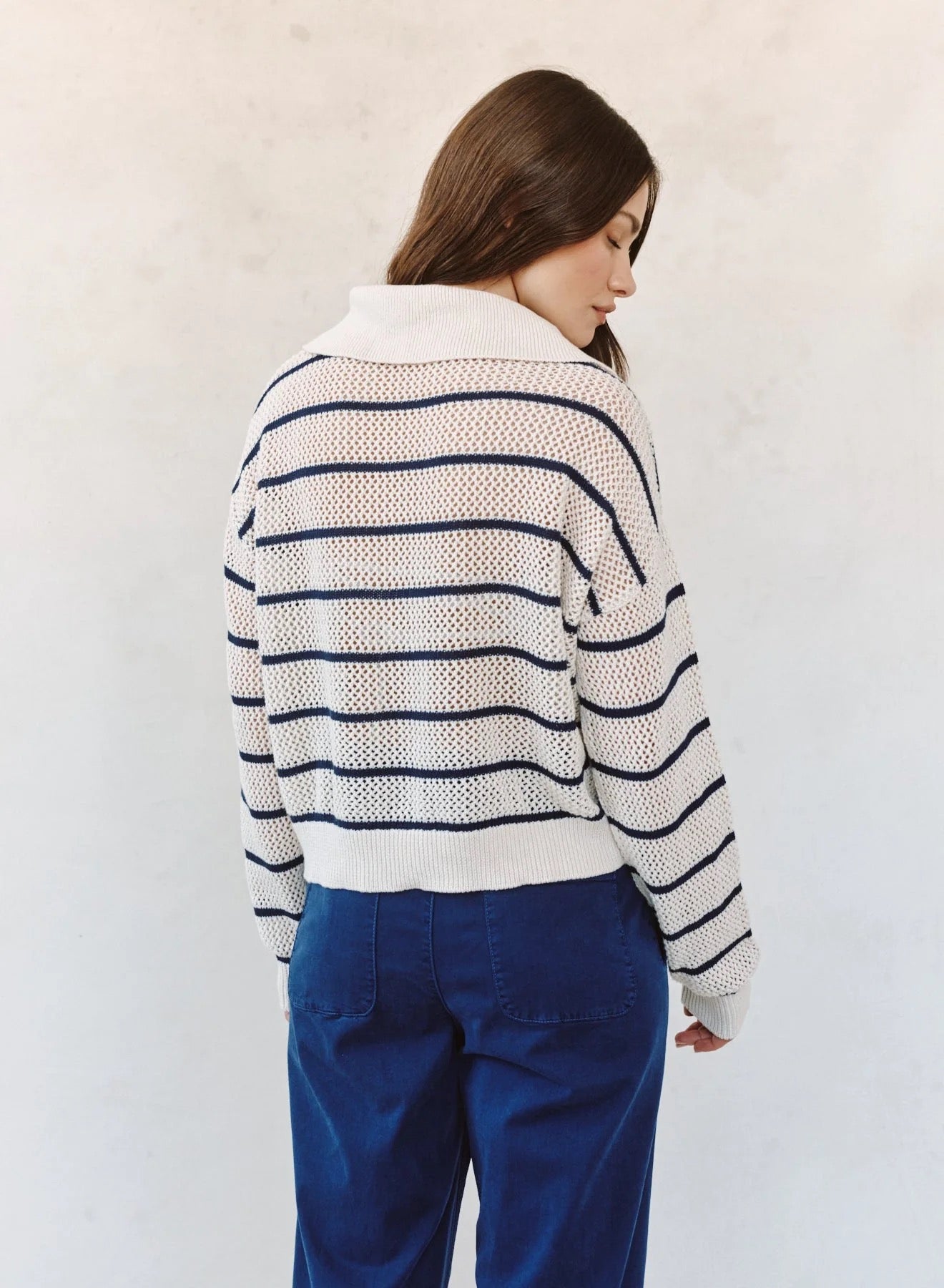BDA Tassel Tie Open Knit Sweater INK STRIPE