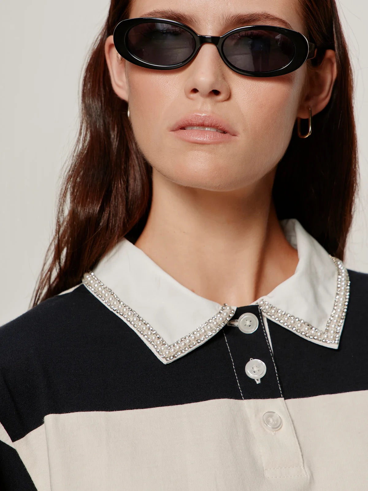 SA Embellished Polo Tee COLLAGEN/BLACK STRIPE