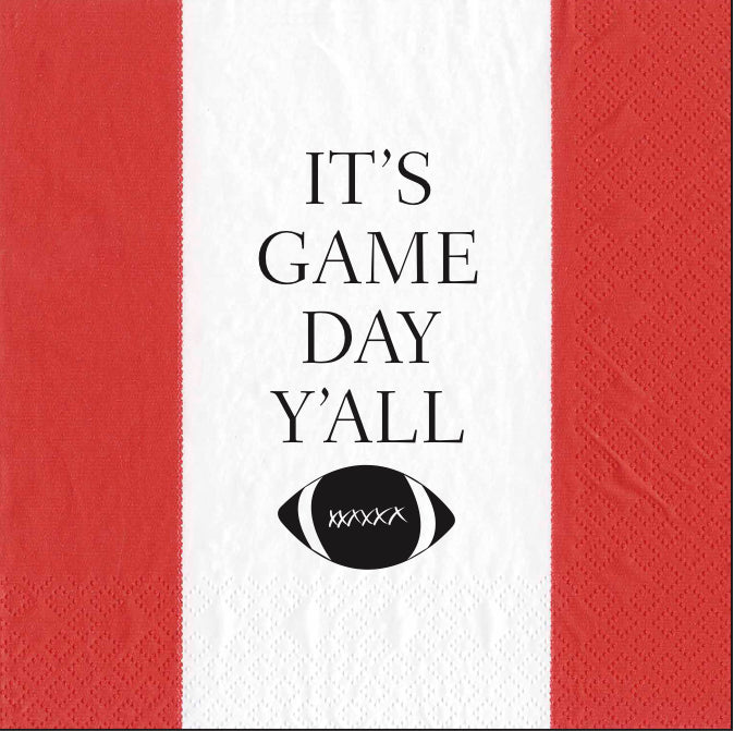 Caspari It's GAME DAY Y'all Cocktail Napkin - BANDOL STRIPE RED