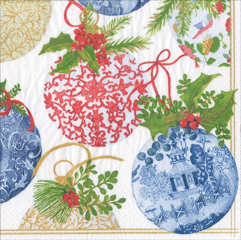 Caspari Porcelain Ornaments Cocktail Napkin - WHITE
