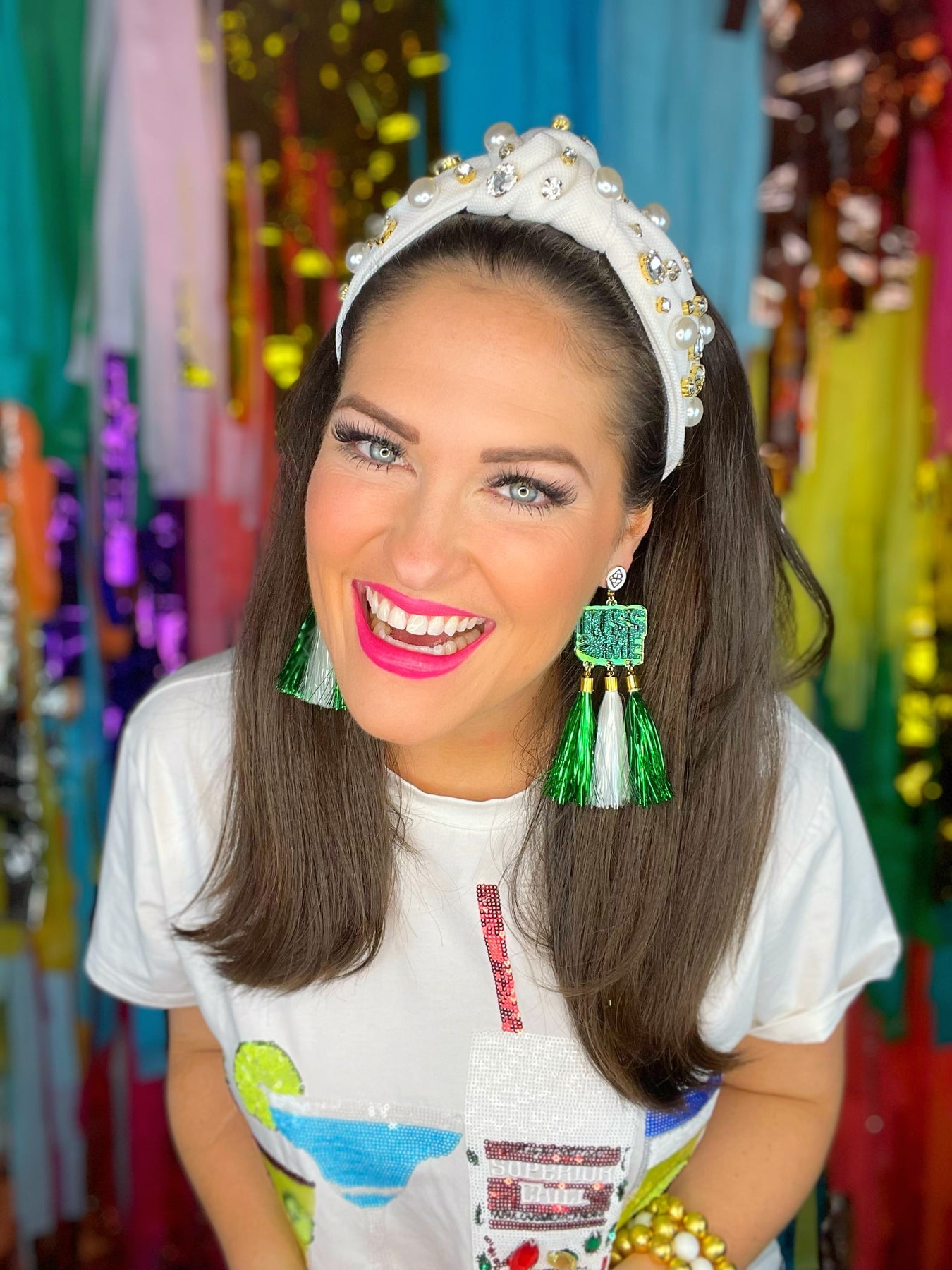 Brianna Cannon Headband - White Twill with Crystals and Peals