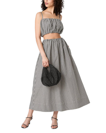 FRENCH CONNECTION Gingham Ruched Waist Midi - BLACK GINGHAM