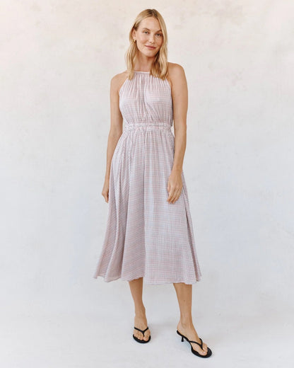 Bella Dahl Cut Out Back Midi Halter Dress - SUNWASHED CHECK