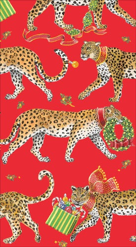 Caspari Christmas Leopards Guest Towel - RED