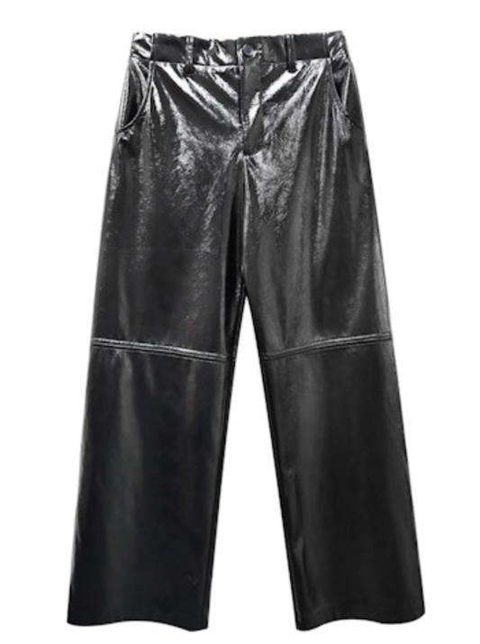Fifteen Twenty Lara Faux Patent Leather Wide Leg Pant - BLACK