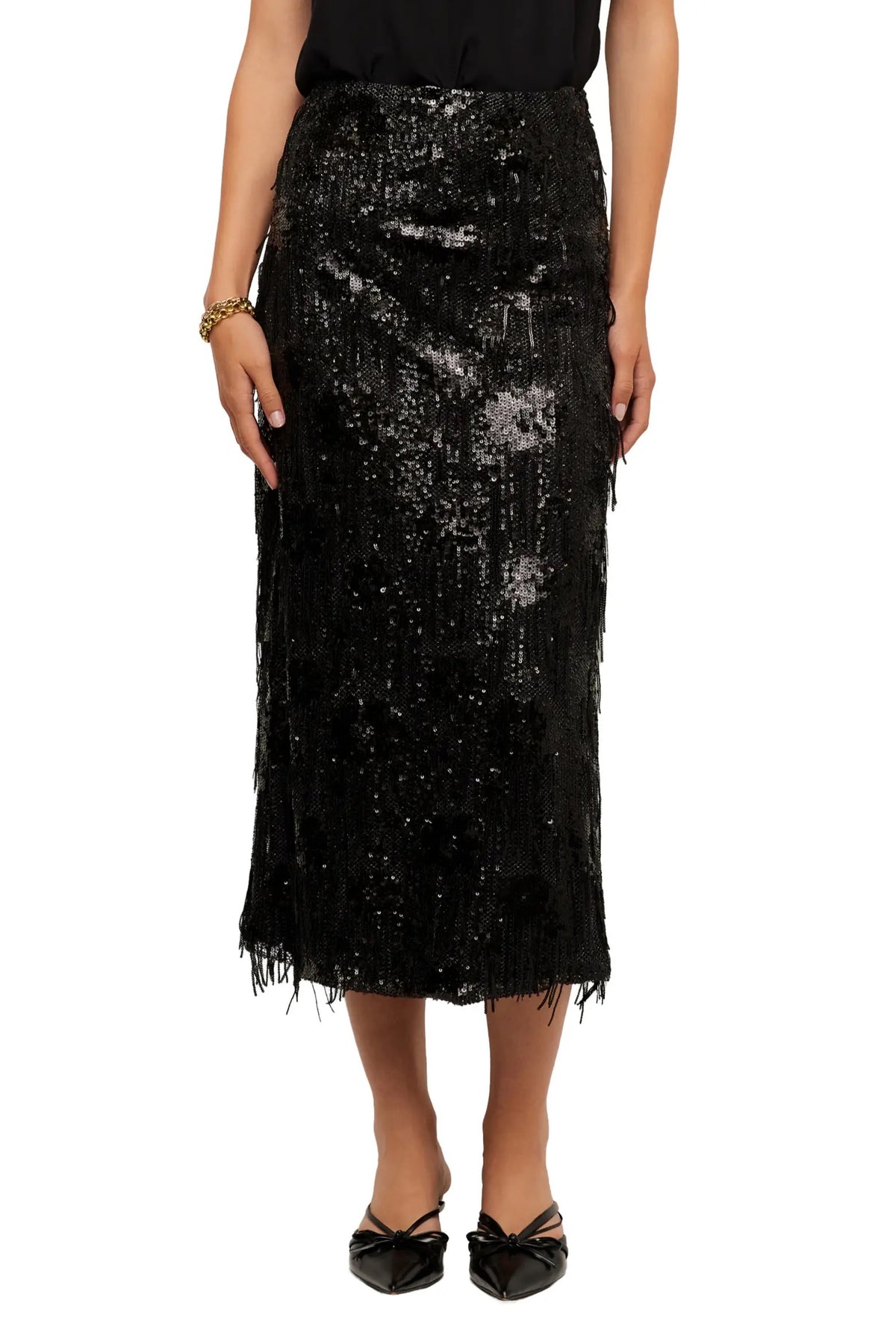 FT Arden Sequin Fringe Midi Pencil Skirt BLACK