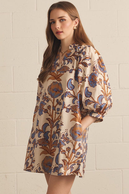 ENTRO Floral Print Mini Dress - ECRU