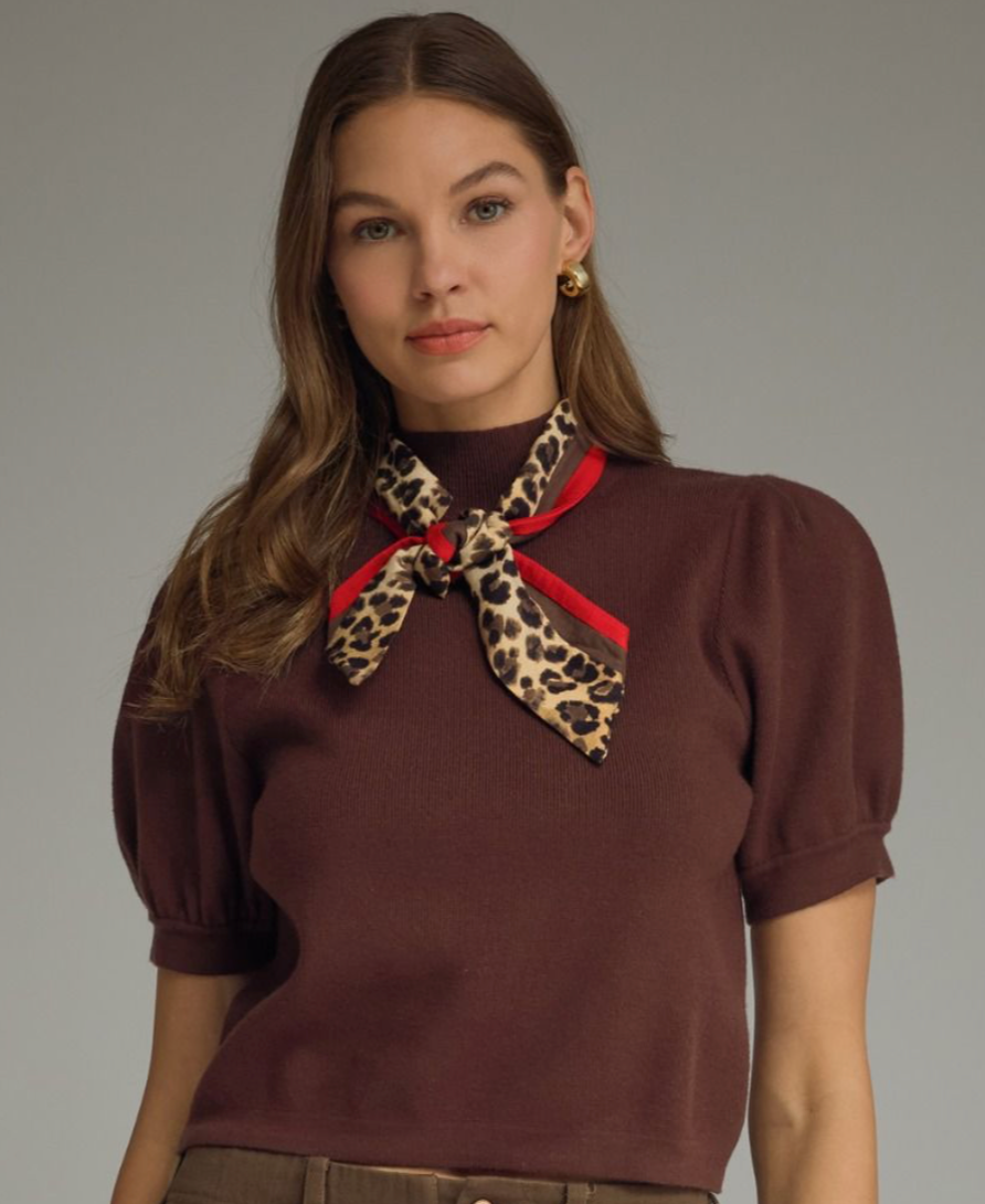 ENTRO Puff Sleeve Knit Top w/ Scarf - BROWN