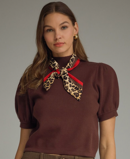 ENTRO Puff Sleeve Knit Top w/ Scarf - BROWN