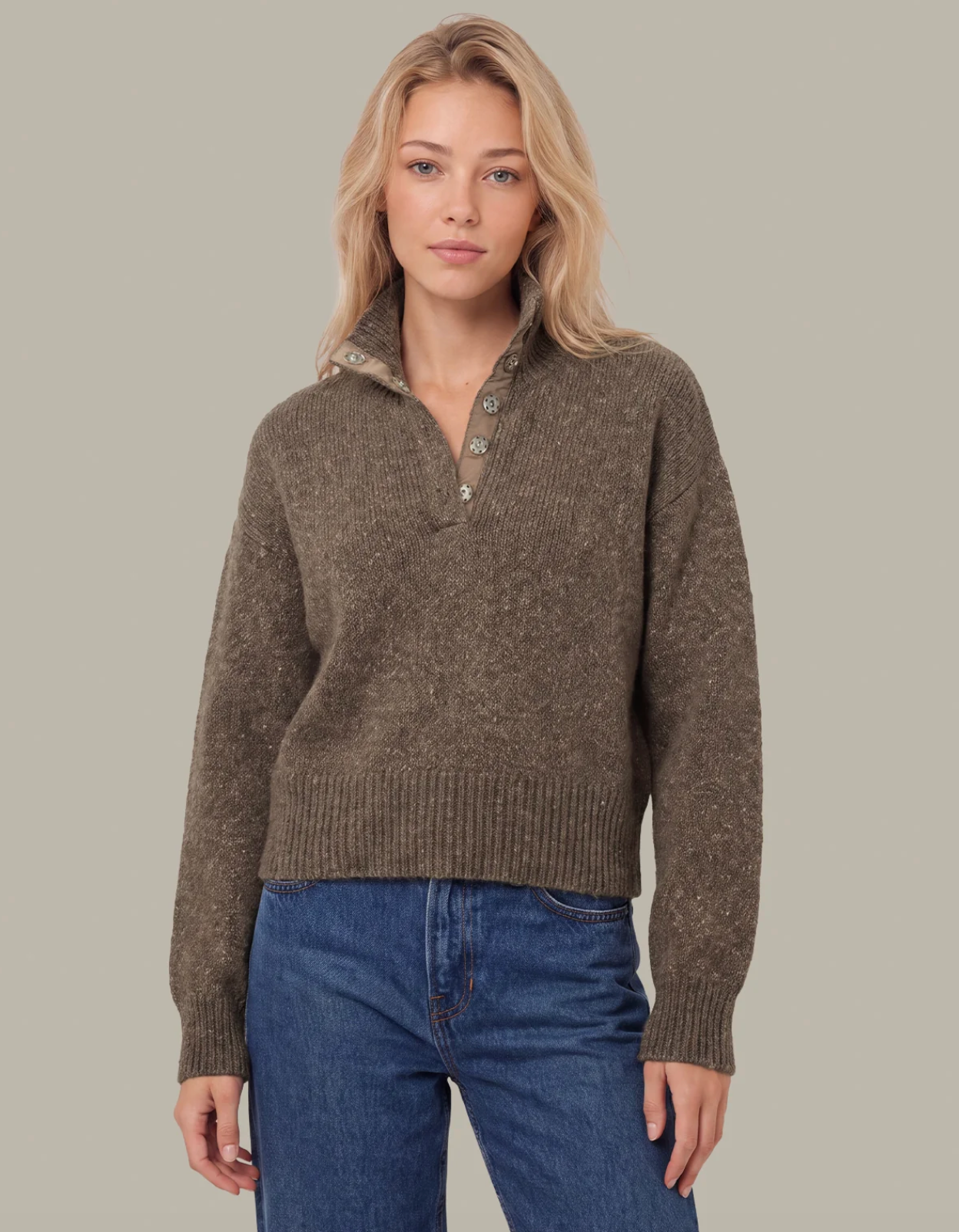 525 Boxy Snap Front Henley Sweater MUSHROOM MELANGE