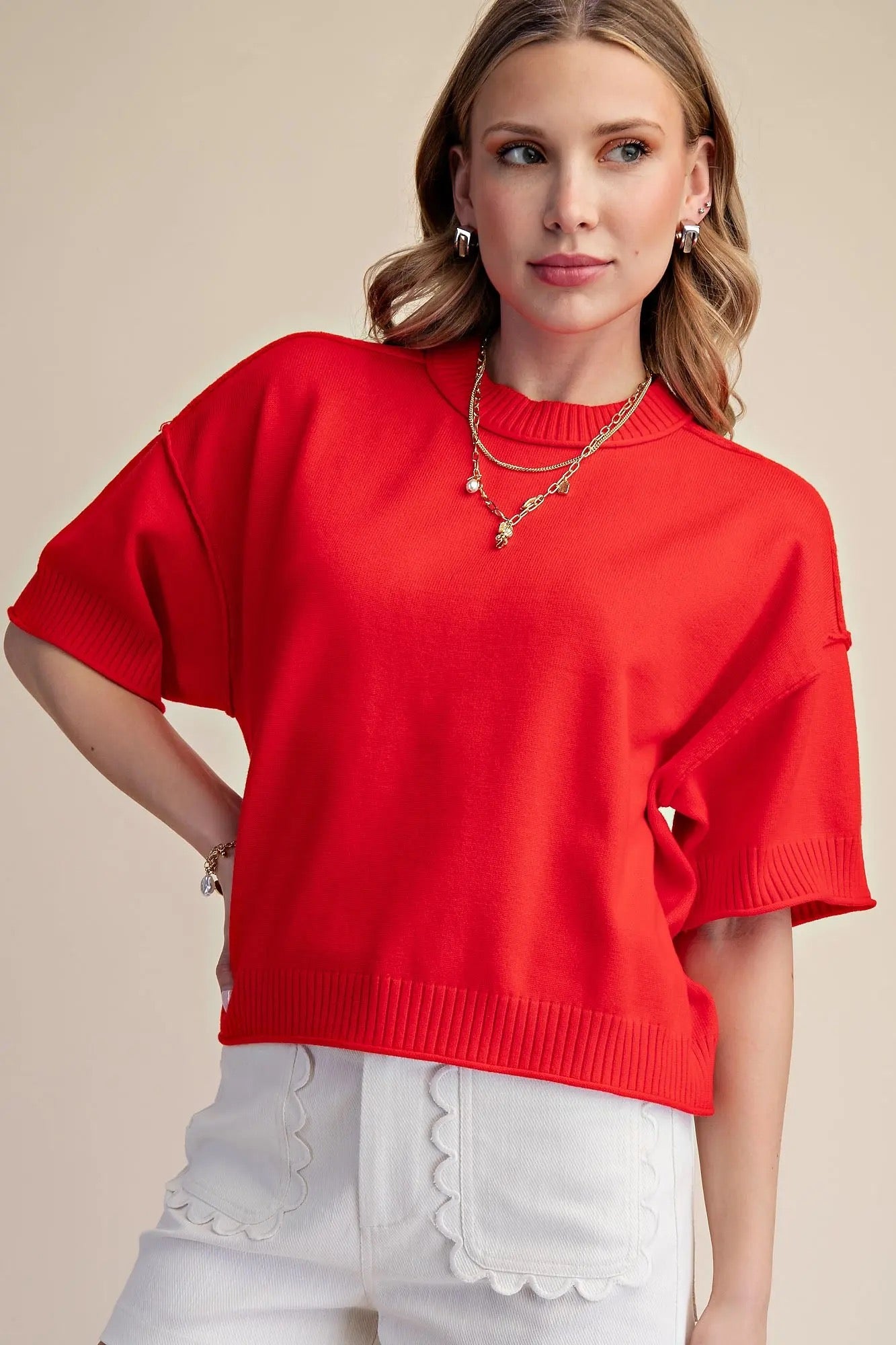 GL Crew Neck Exposed Seam Sweater RED