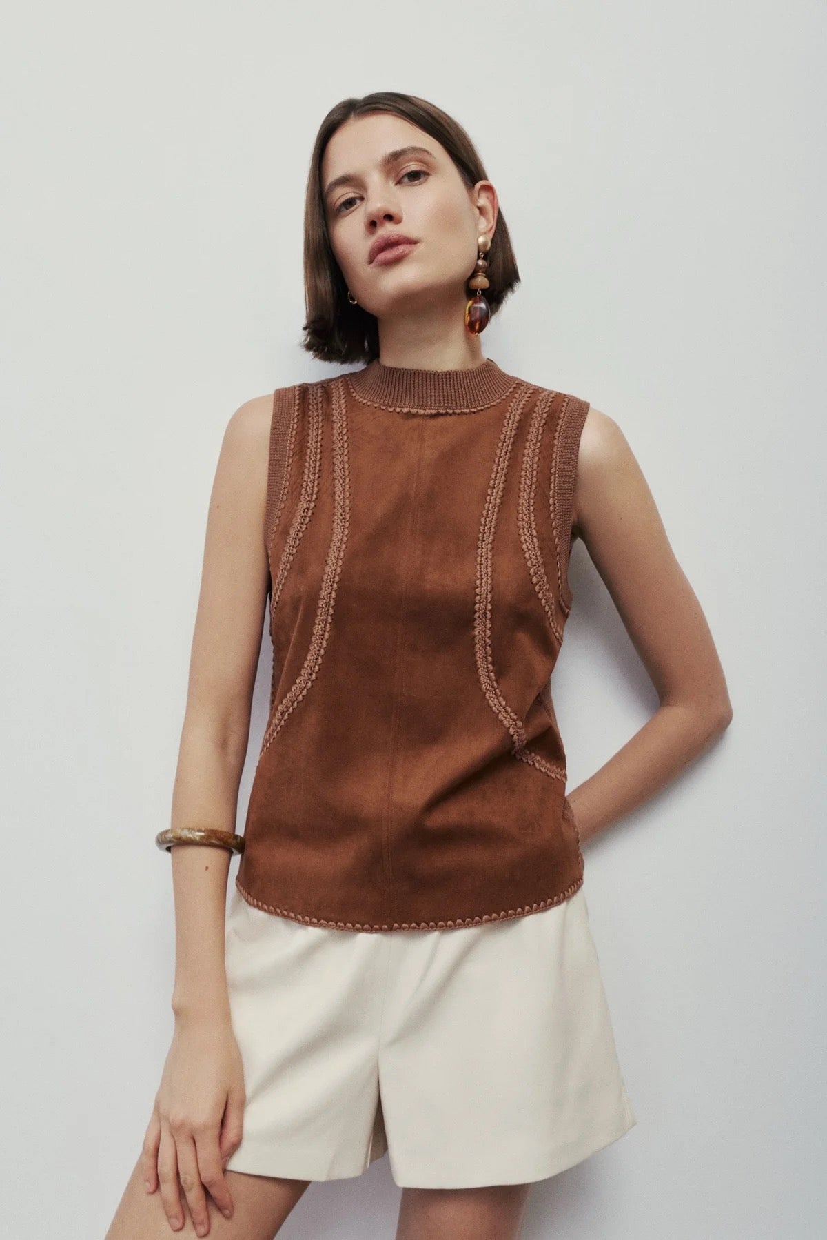 MN Solana Mixed Media Top CHESTNUT