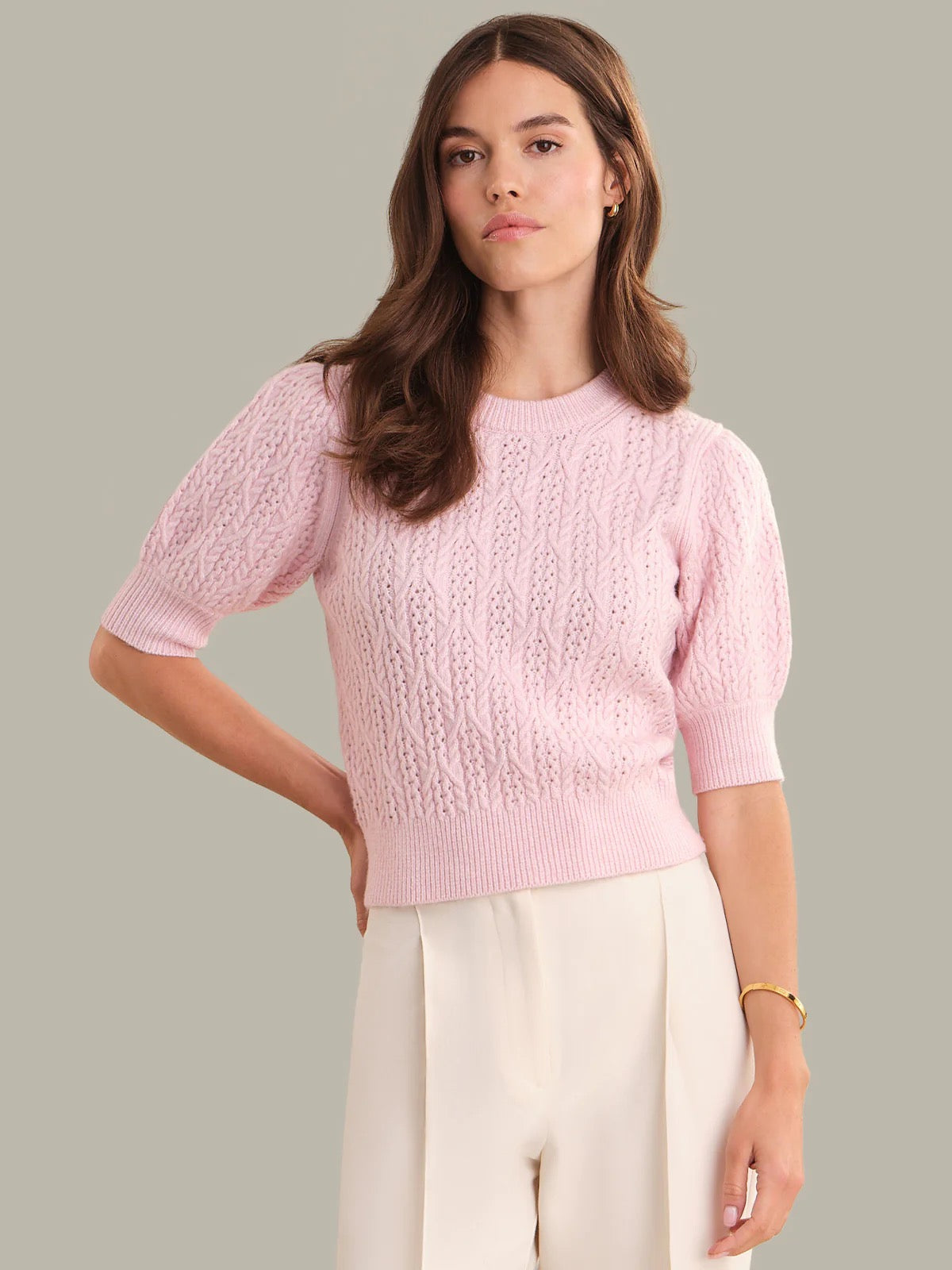 525 Blair Cable Knit Puff Sleeve Pullover - PALE LILAC