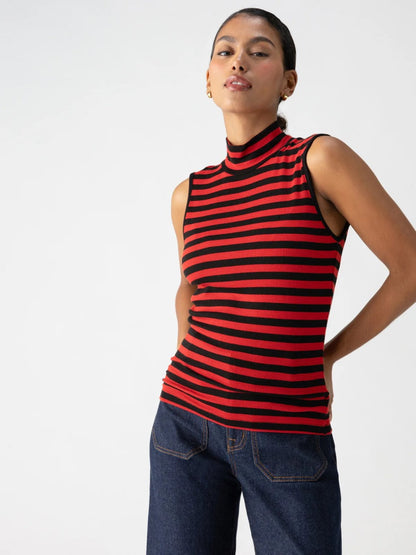 Sanctuary Essential Sleeveless Mock Neck - BLACK/CHERRY RED STRIPE