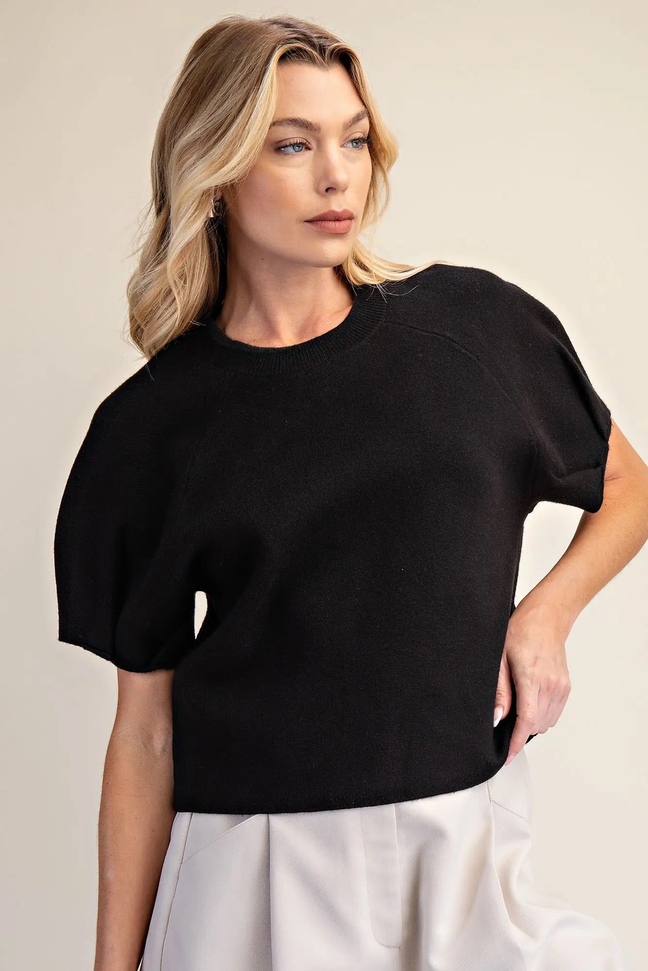 Pleated Sleeve Sweater - BLACK