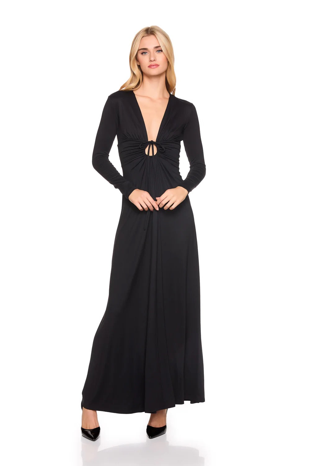 SM Center Gathered Tie Long Sleeve Dress BLACK