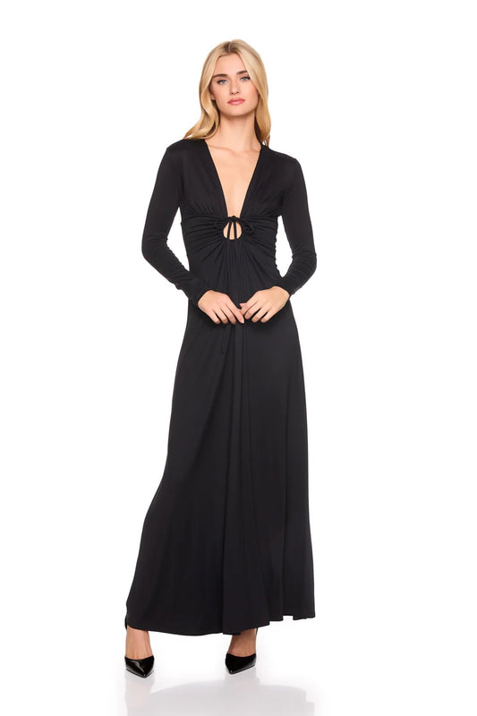 SM Center Gathered Tie Long Sleeve Dress BLACK