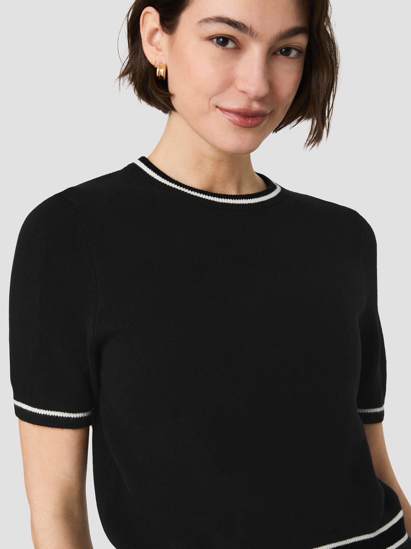 French Connection Babysoft SS Rib Stripe Top - BLACK PORCELAIN