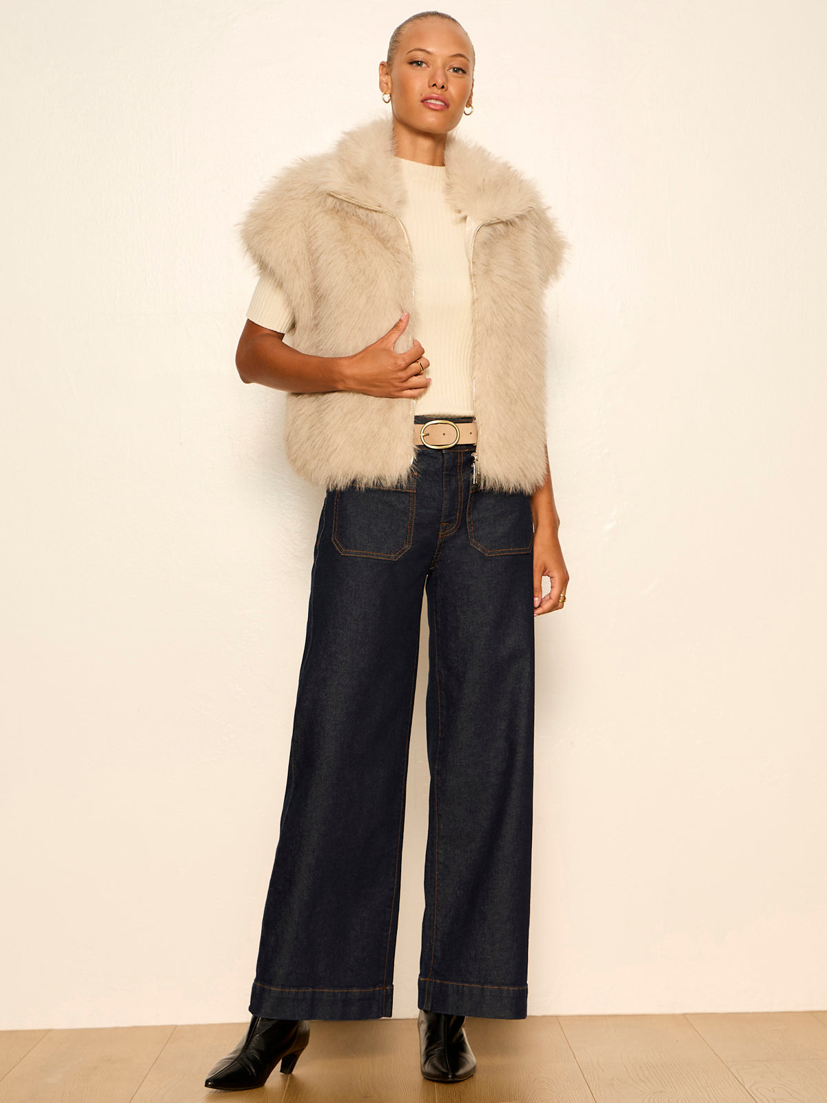 Sanctuary Silky Fur Vest - ALMOND CREAM