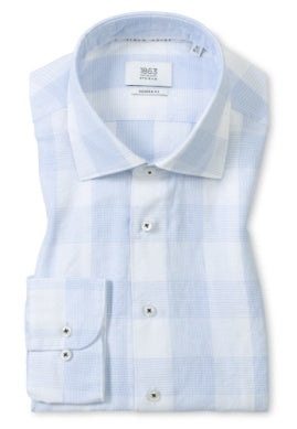 ETERNA Check Cotton/Linen Kent Collar LIGHT BLUE