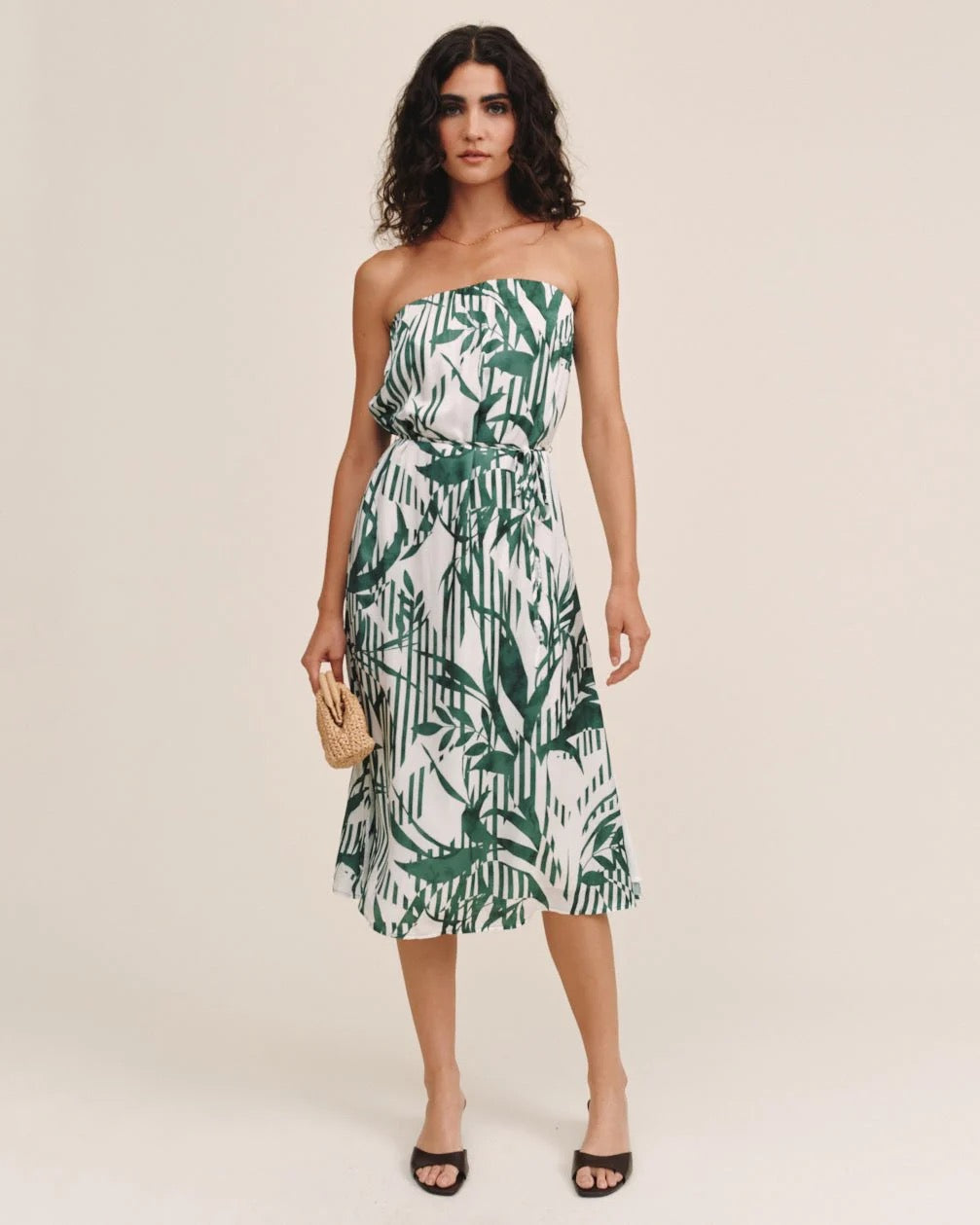 BDA Flowy Strapless Midi Dress PALM PARADISE PRINT