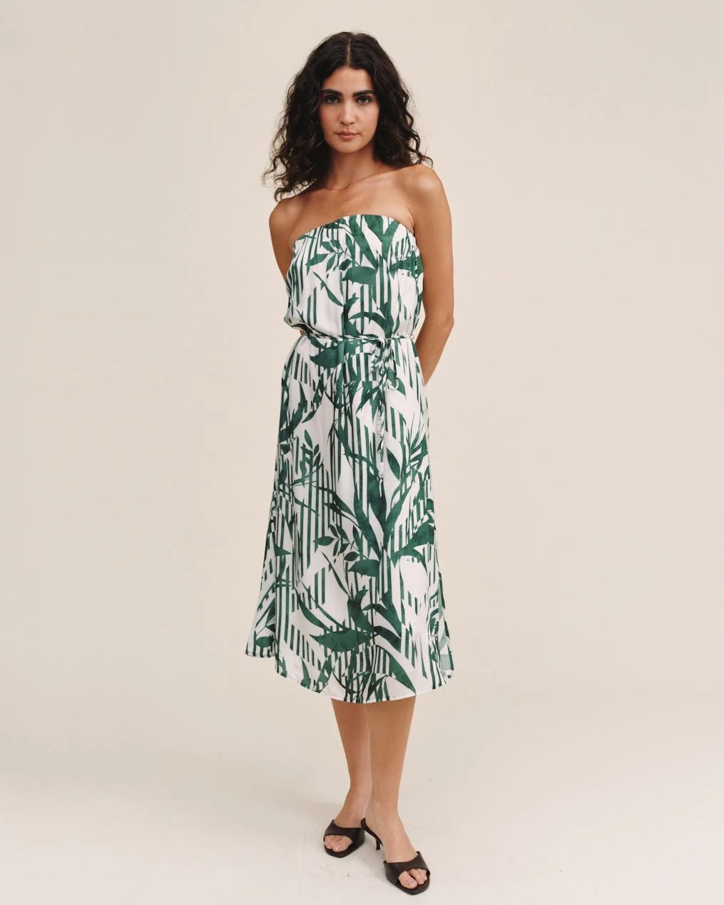 BDA Flowy Strapless Midi Dress PALM PARADISE PRINT