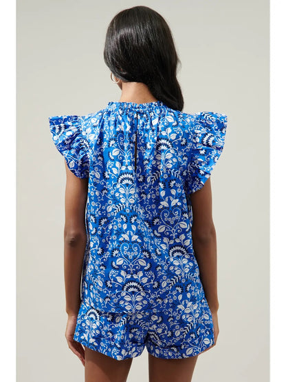 Lulu Floral Veda Cap Sleeve Top LTBLUE-WHITE