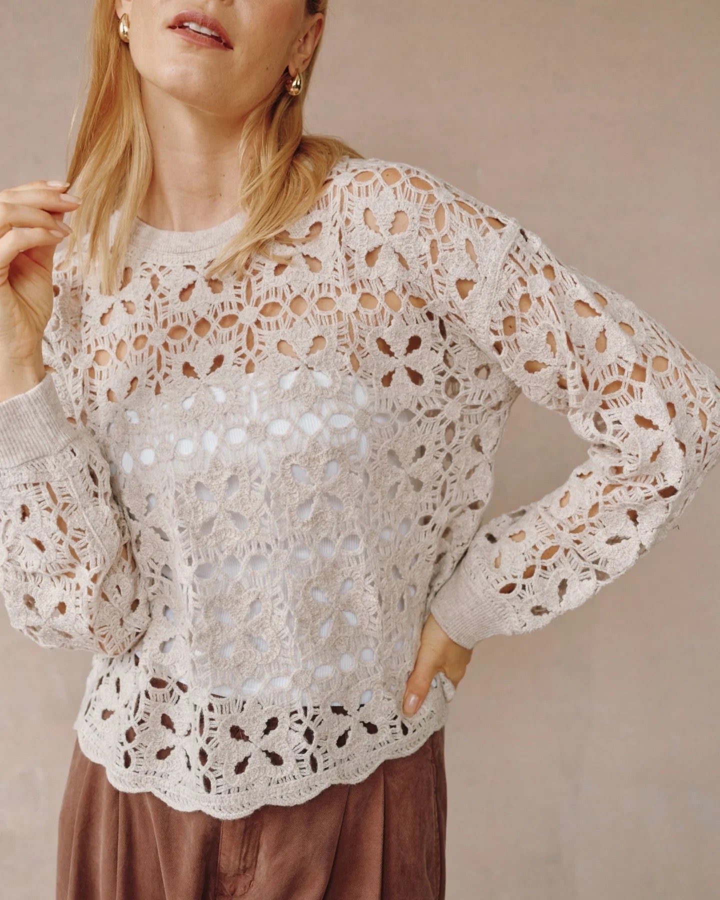 Bella Dahl Crochet Crew Neck Sweater - SOFT ALMOND
