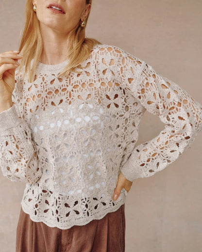 Bella Dahl Crochet Crew Neck Sweater - SOFT ALMOND