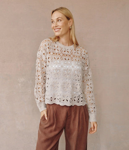 Bella Dahl Crochet Crew Neck Sweater - SOFT ALMOND