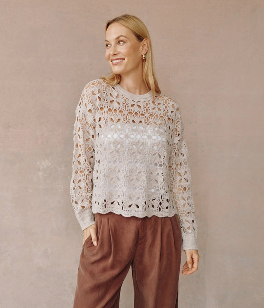 Bella Dahl Crochet Crew Neck Sweater - SOFT ALMOND