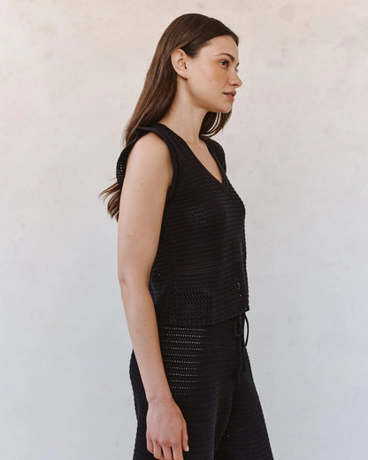 Bella Dahl Short Sleeve V-Neck Crochet Top - BLACK