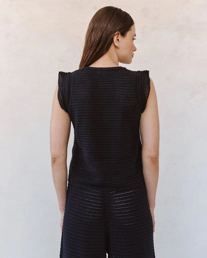 Bella Dahl Short Sleeve V-Neck Crochet Top - BLACK