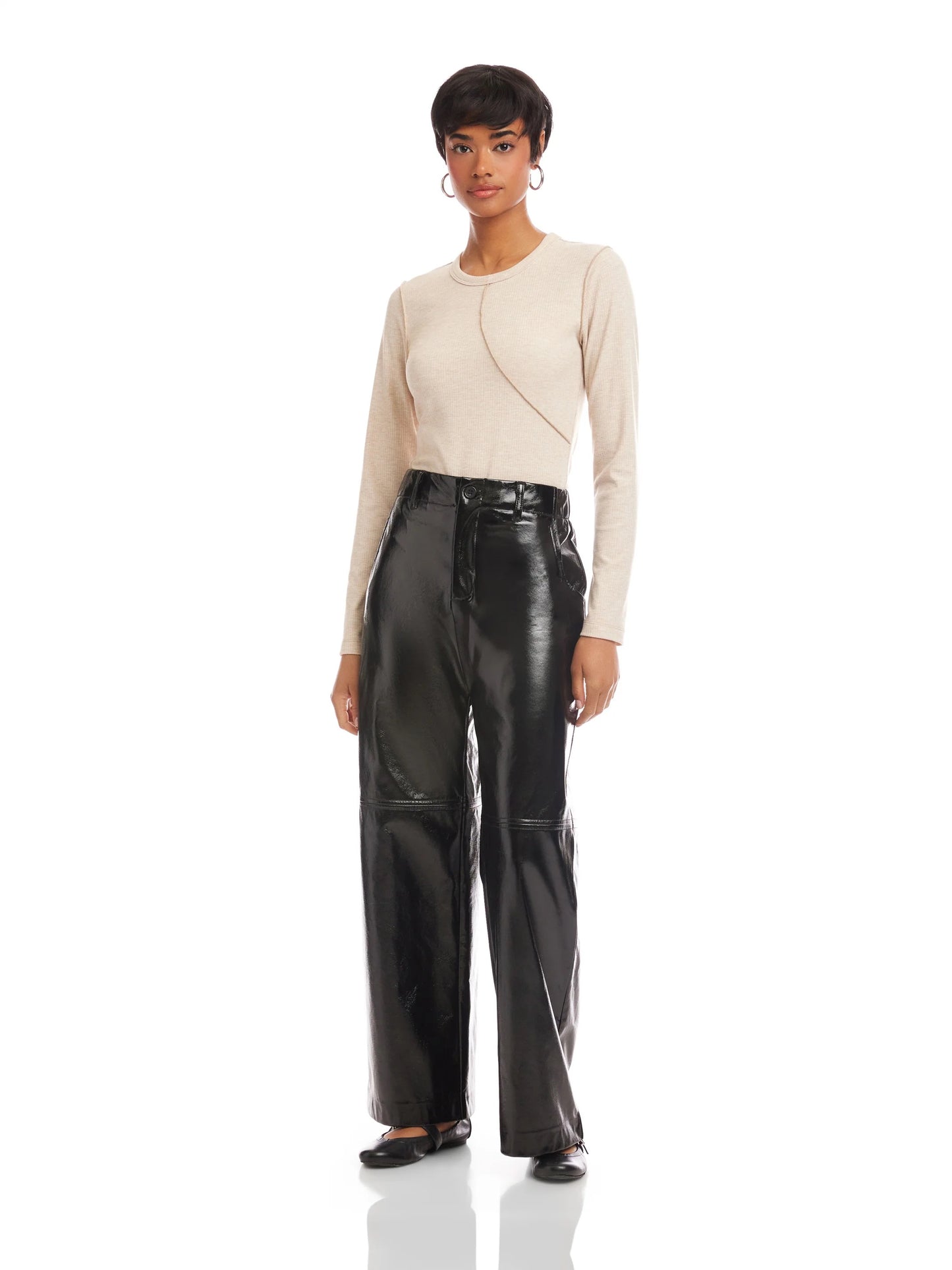Fifteen Twenty Lara Faux Patent Leather Wide Leg Pant - BLACK