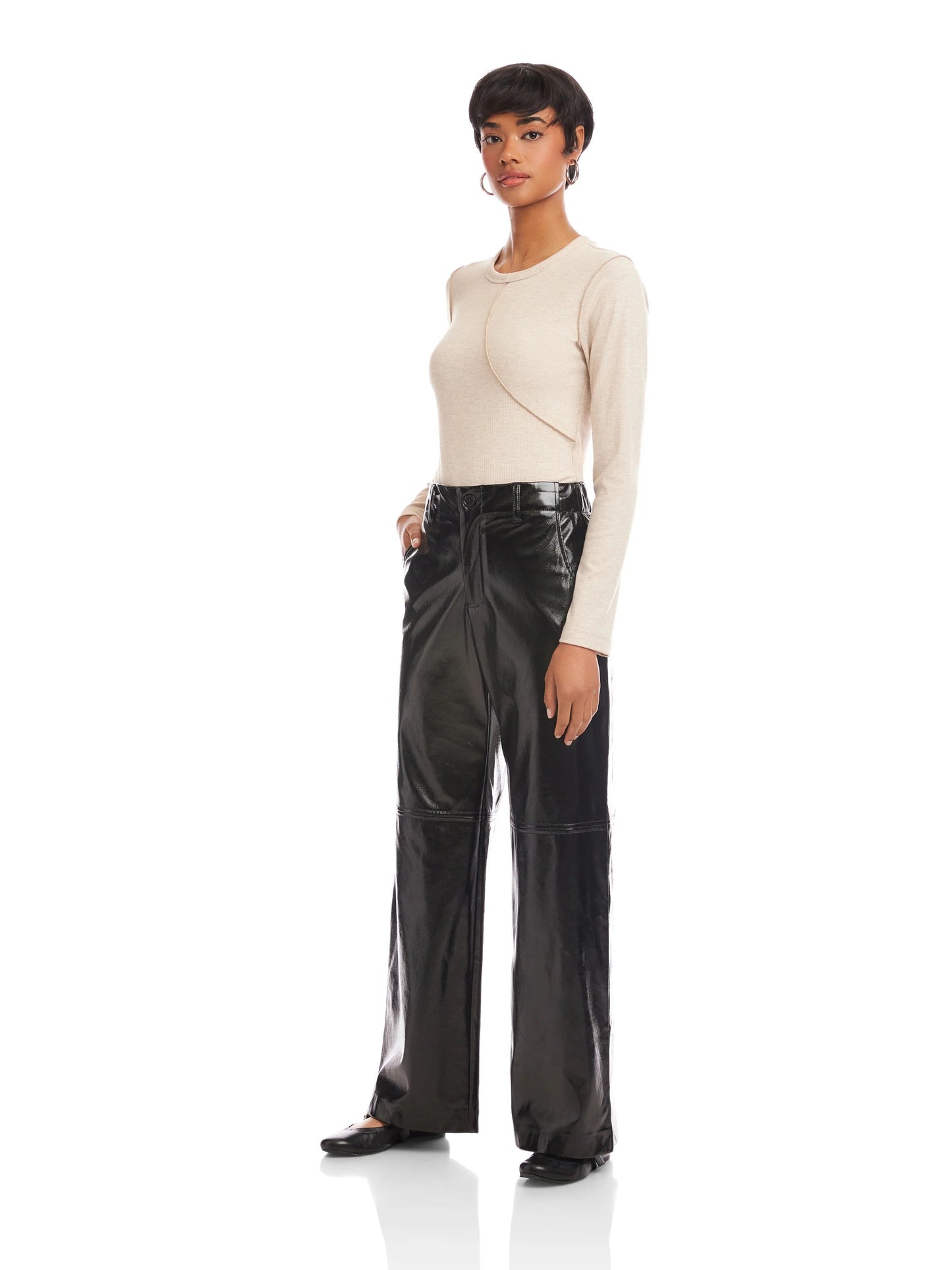 Fifteen Twenty Lara Faux Patent Leather Wide Leg Pant - BLACK