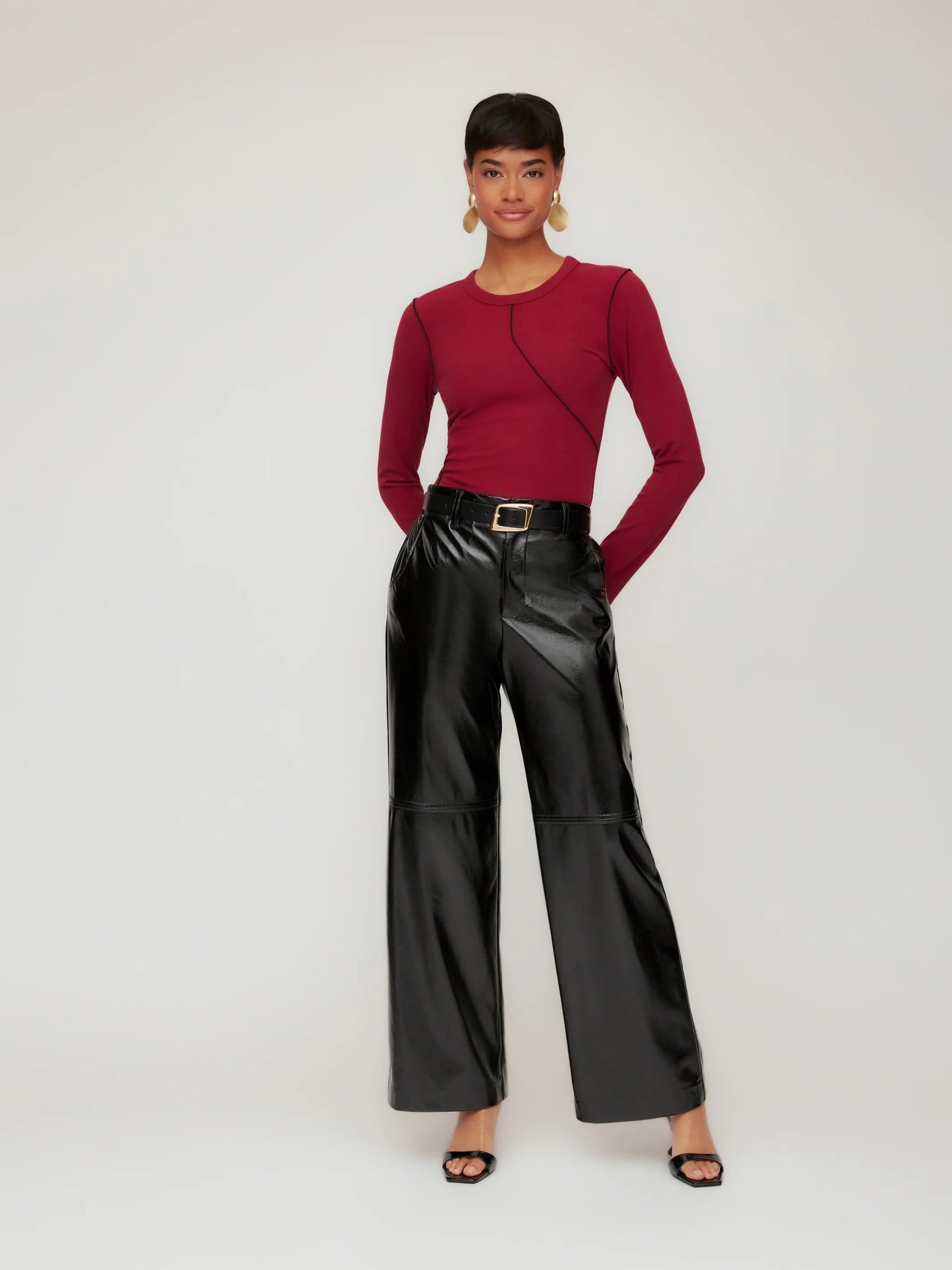 Fifteen Twenty Lara Faux Patent Leather Wide Leg Pant - BLACK