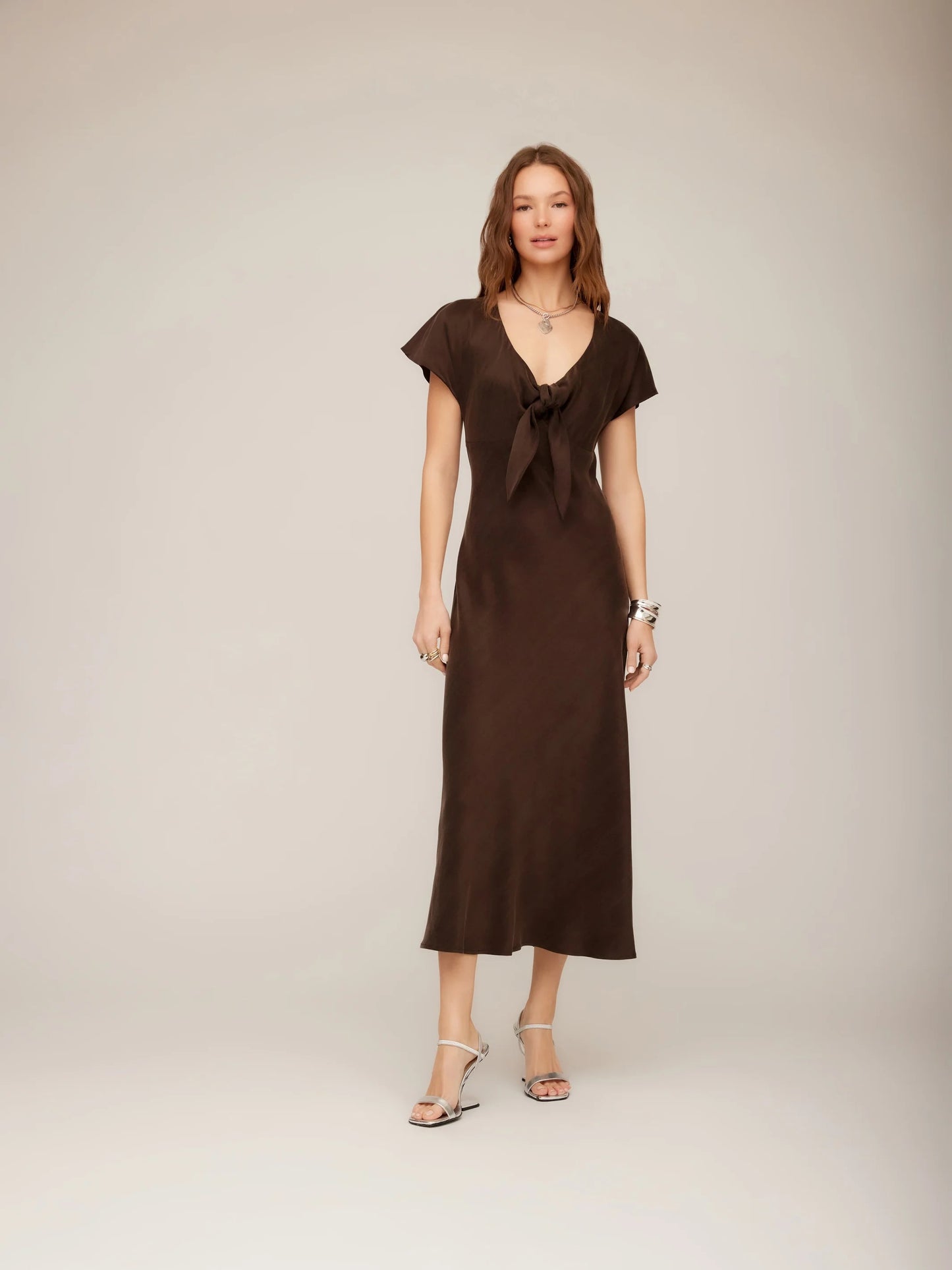 Fifteen Twenty Tie Front Bias Dress - BROWN