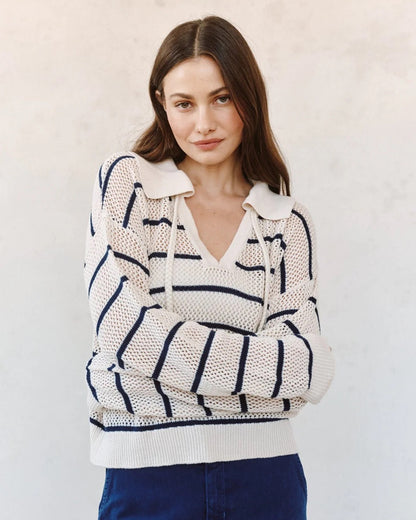 BDA Tassel Tie Open Knit Sweater INK STRIPE