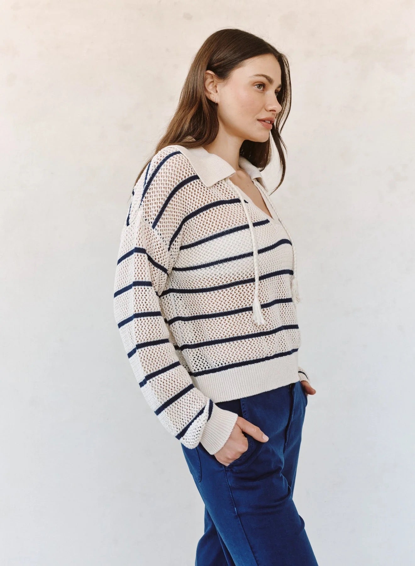 BDA Tassel Tie Open Knit Sweater INK STRIPE