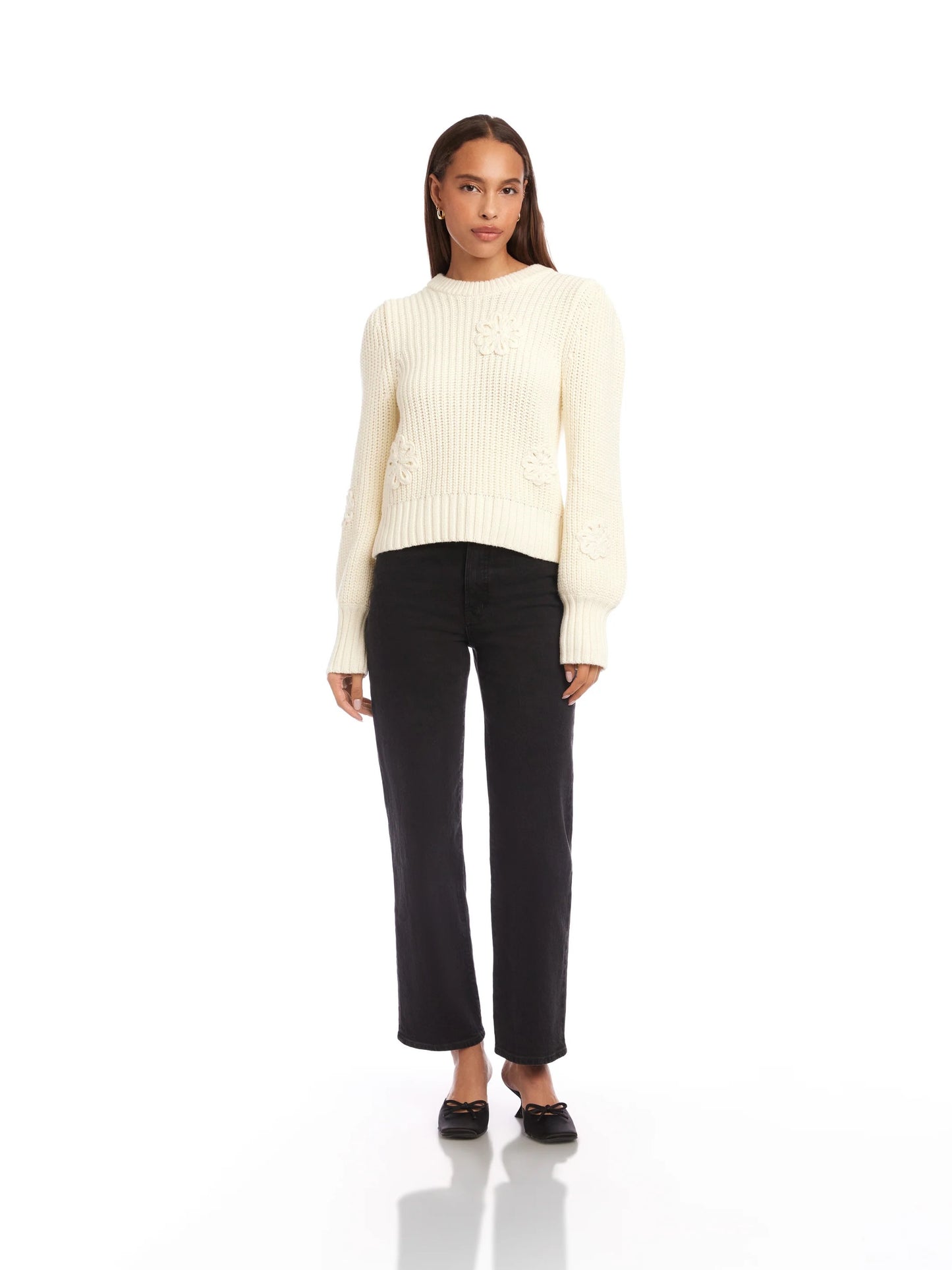 Fifteen Twenty Brylee Crochet Flower Detail Sweater - CREAM