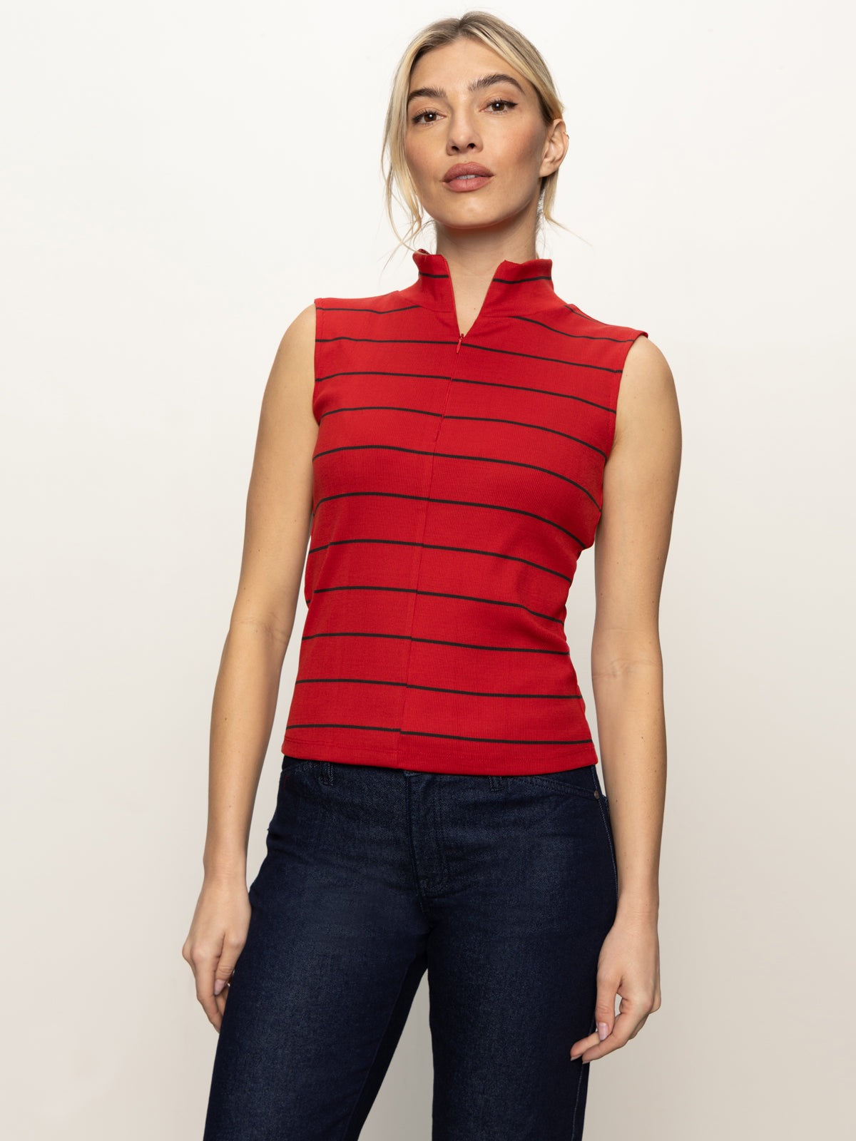 Sanctuary Sleeveless Zip Mock - RED/BLACK STRIPE