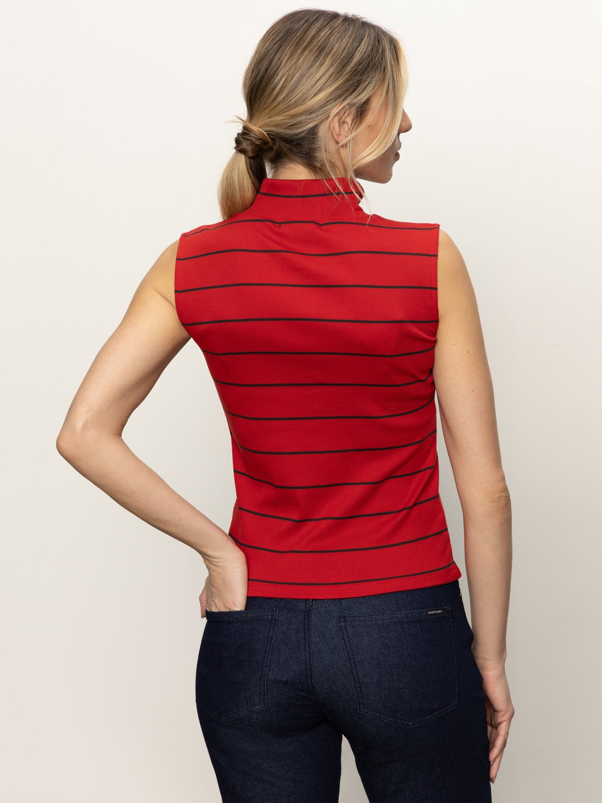 Sanctuary Sleeveless Zip Mock - RED/BLACK STRIPE
