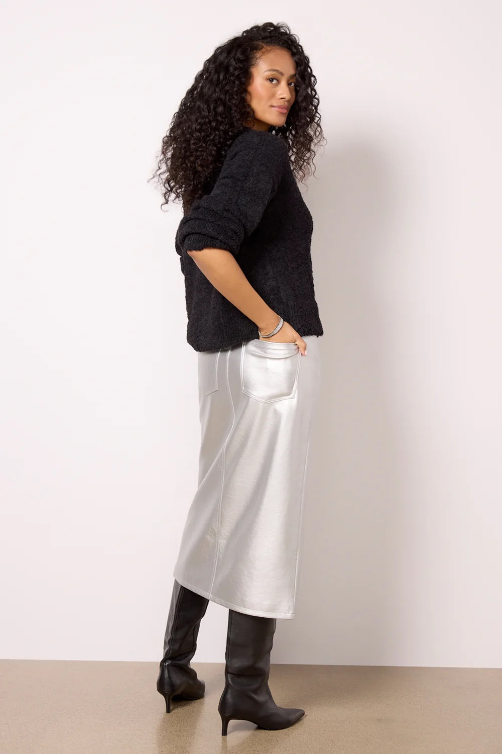 Sanctuary Leather Like Midi Skirt - SILVER