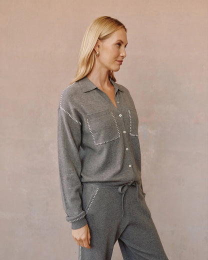 Bella Dahl Whip Stitched Pocket Button Sweater - HEATHER SMOKE