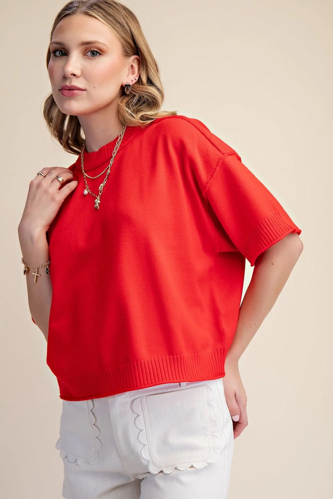 GL Crew Neck Exposed Seam Sweater RED